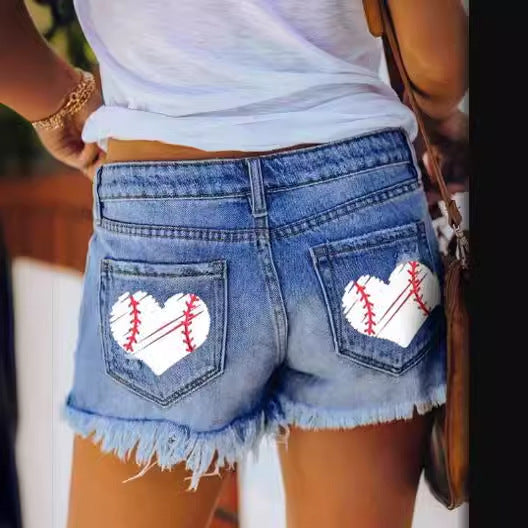 Dame Denim Shorts med hjerteformede baseball-prints Stilla