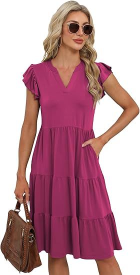 Dame afslappet flæsekjole med lomme og V-udskæring Stilla