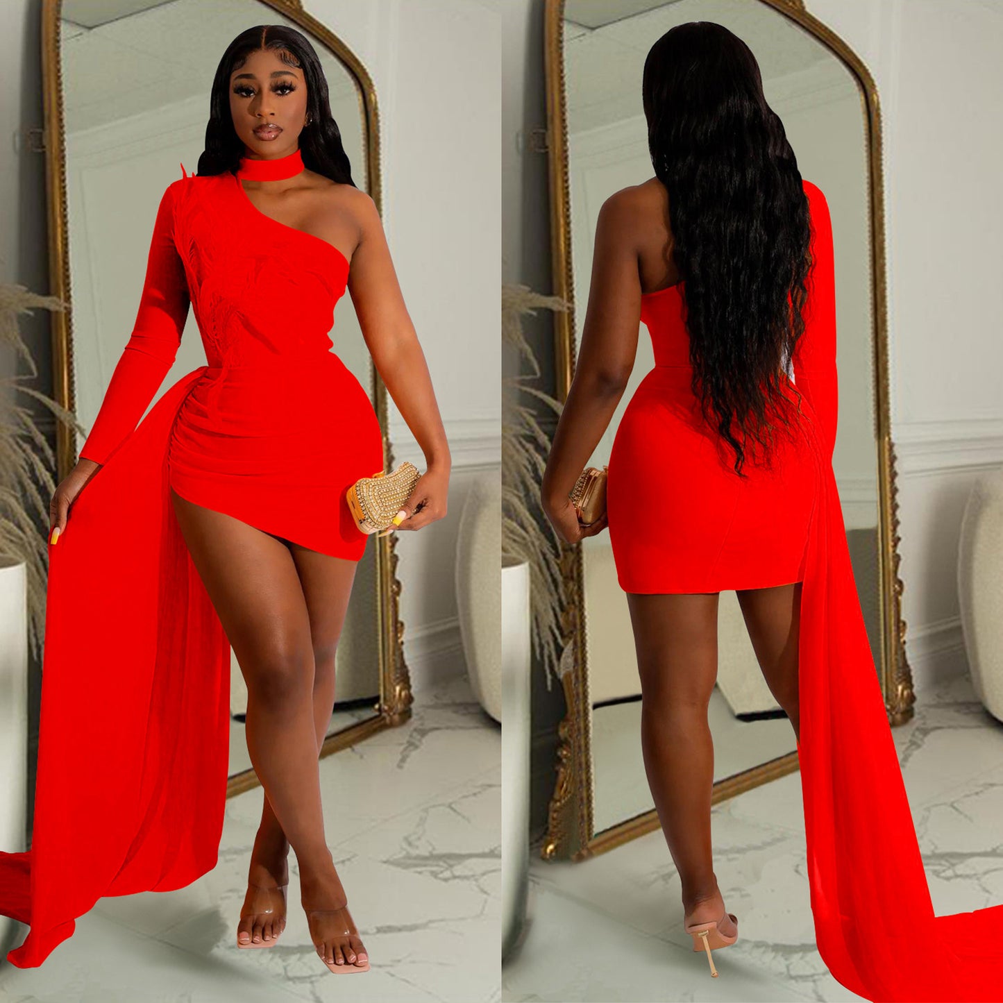 Dame Eksklusiv Mini-Kjole med asymmetrisk Udsnit og volumøs Overkjole Stilla