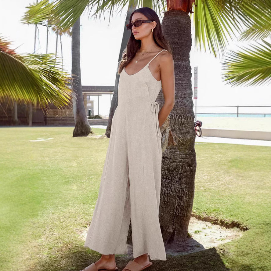 Dame Casual Jumpsuit med justerbare stropper og vidt skårne ben Stilla
