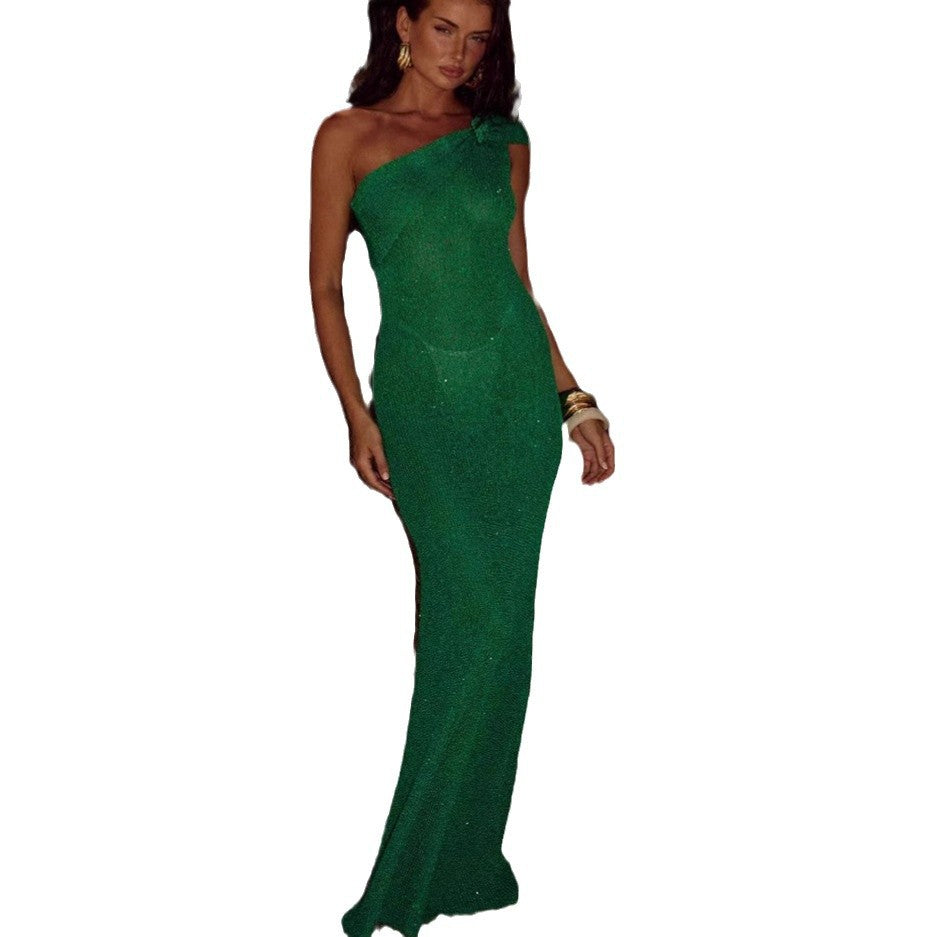 Dame elegant Bodycon Maxikjole med asymmetrisk udskæring og glitrende effekt Stilla