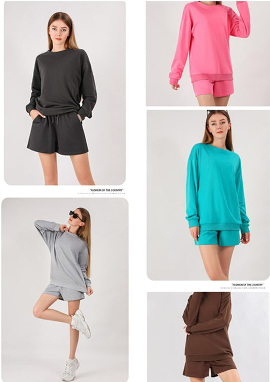 Dame afslappet fritids sæt med langærmet overdel og shorts Stilla