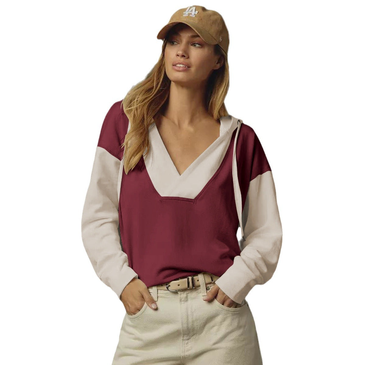 Dame afslappet hoodie med dyb V-udskæring og kontrasterende syninger Stilla