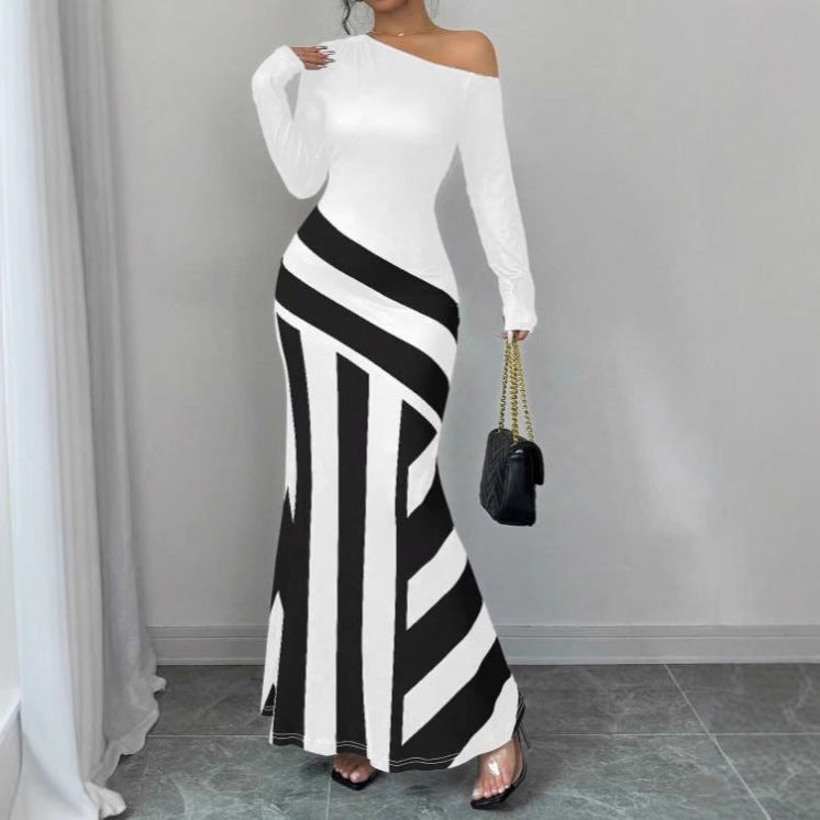 Dame elegant asymmetrisk maxikjole med stribemønster Stilla