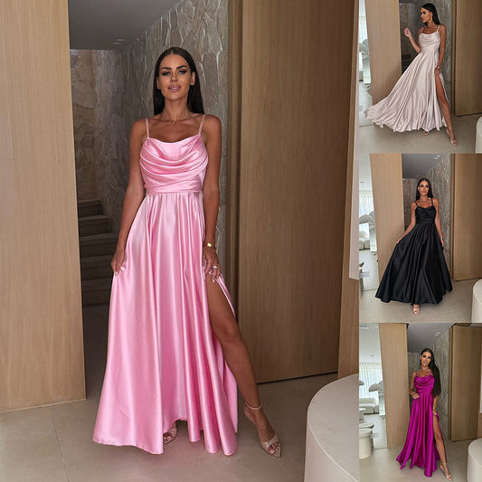 Dame elegant aftenkjole med draperet udskæring og højt ben split Stilla