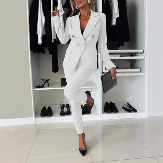 Dame Elegant blazer sæt med tætsiddende bukser og dobbelt knappelukning Stilla