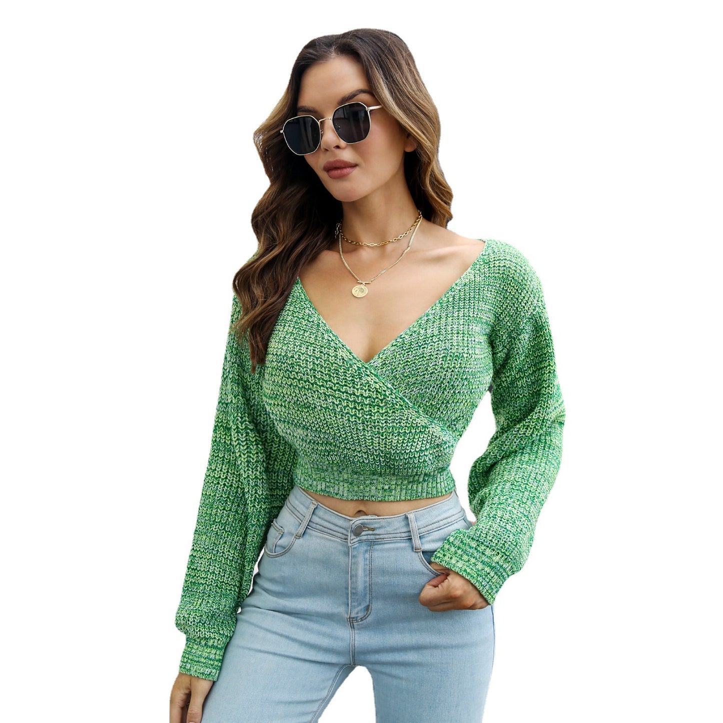 Dame cropped striktrøje med moderne V-hals og voluminøse ærmer Stilla