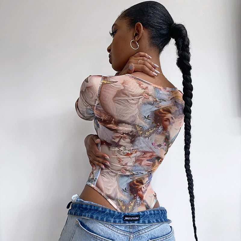 Dame Langærmet Bodysuit med kreativt floralt print og figursyet snit Stilla