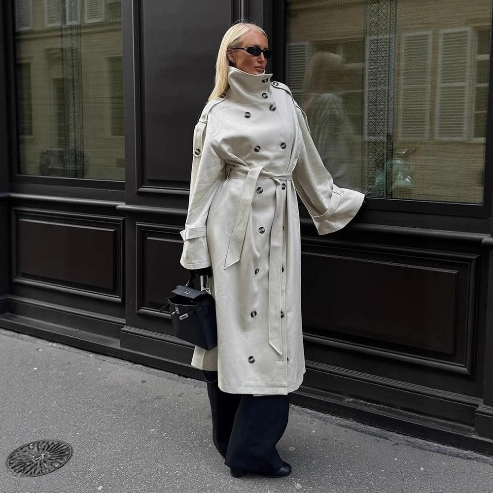 Dame elegant frakke med høj krave og taljerbar bælte Stilla