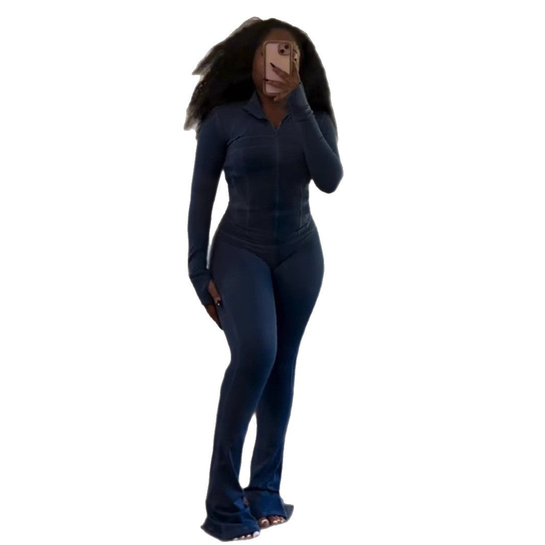 Damer Sporty Langeærmet Jumpsuit i Stretch-materiale med Lynlås Stilla