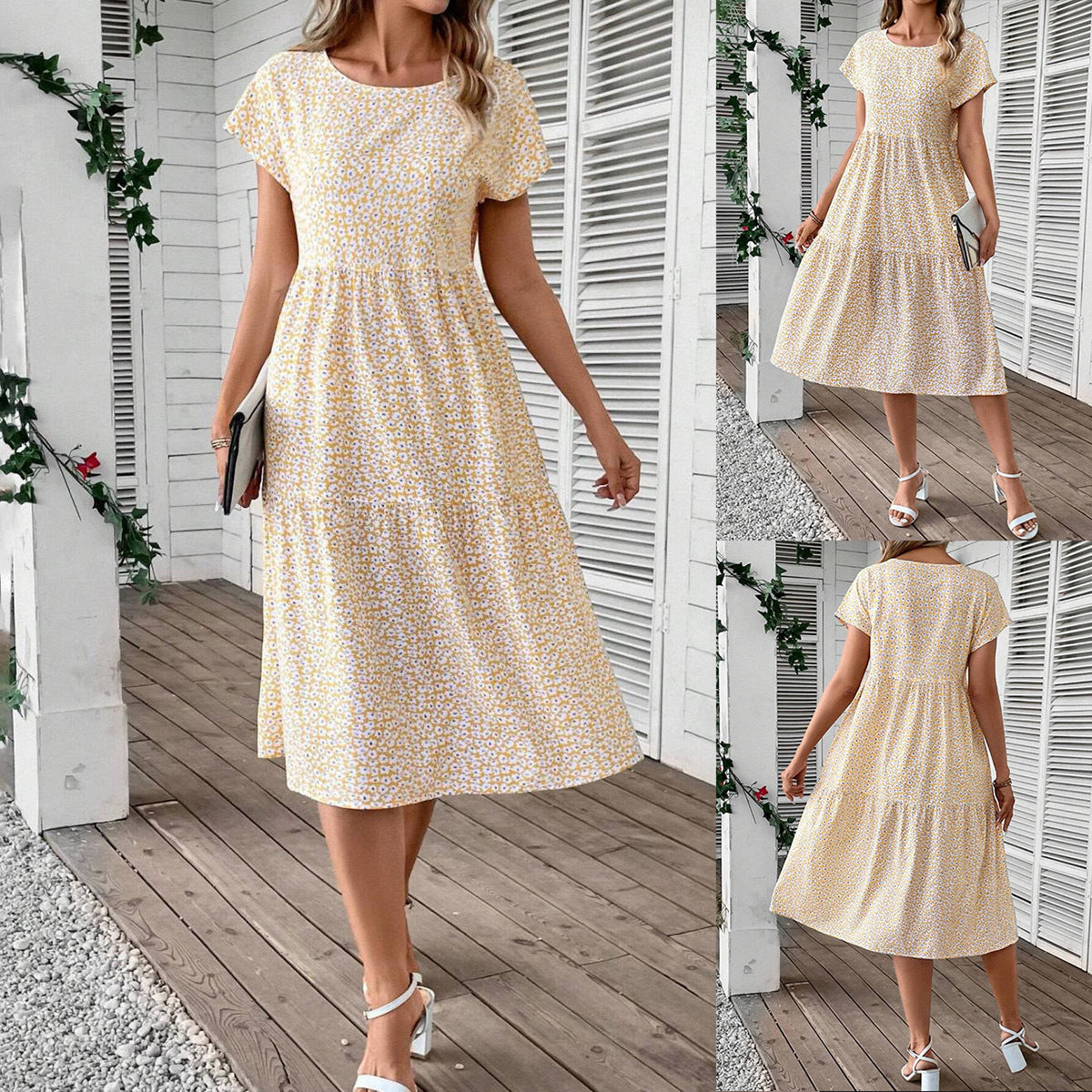 Dame afslappet midikjole med blomsterdesign og flerlagssøm Stilla