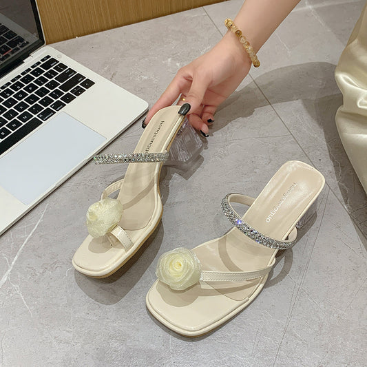 Dame Dekorative Åben Tå Blokhæle Sandaler med Floral Accent Stilla