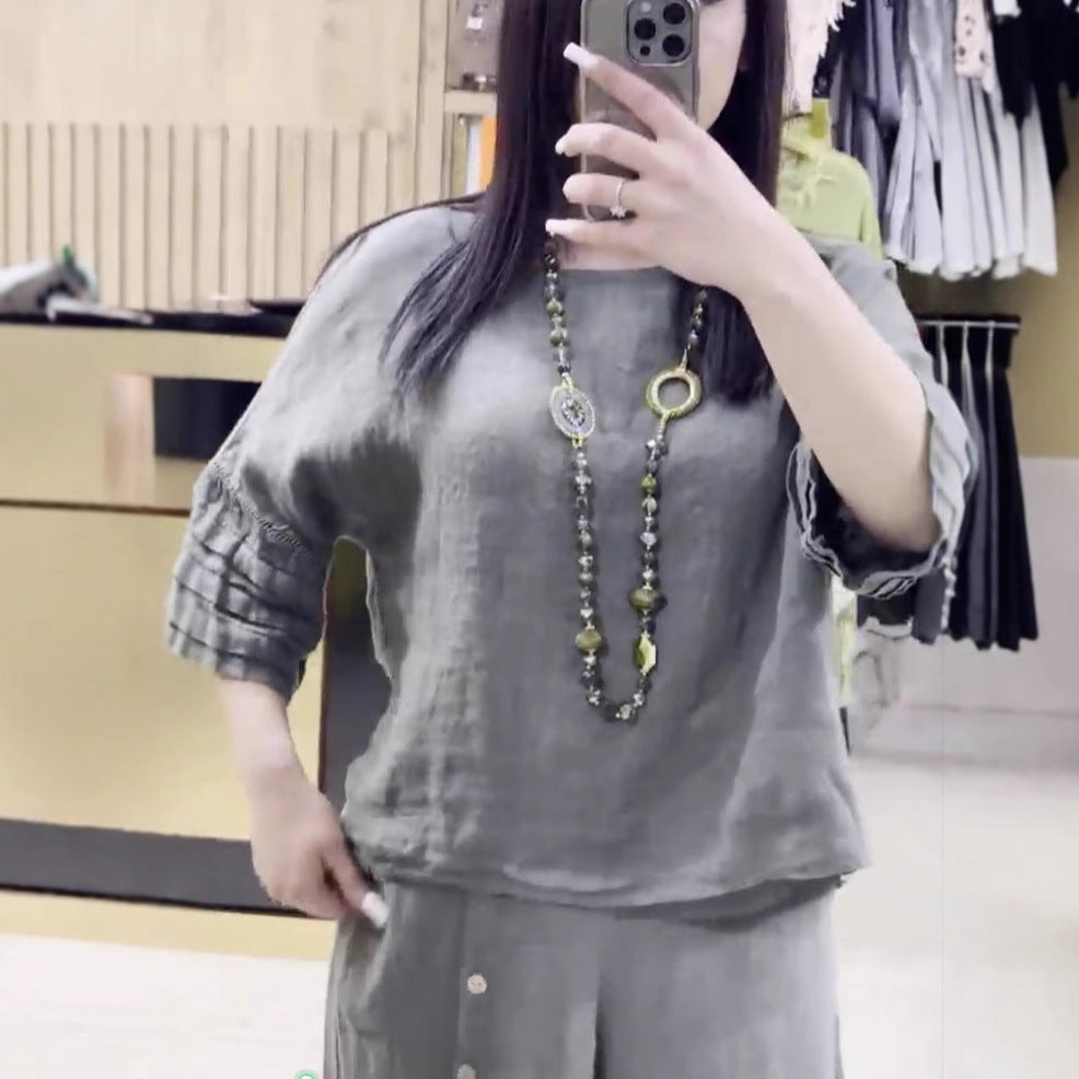 Dame afslappet linned sæt med løsskåret overdel og palazzo bukser Stiila