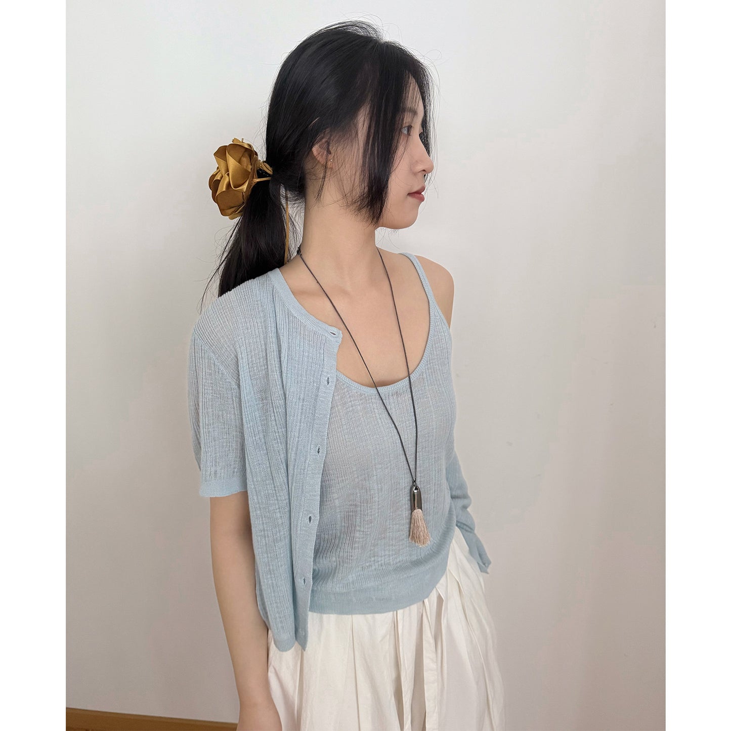 Dame afslappede crepe-bukser med elastisk talje og elegant bindebælte Stilla