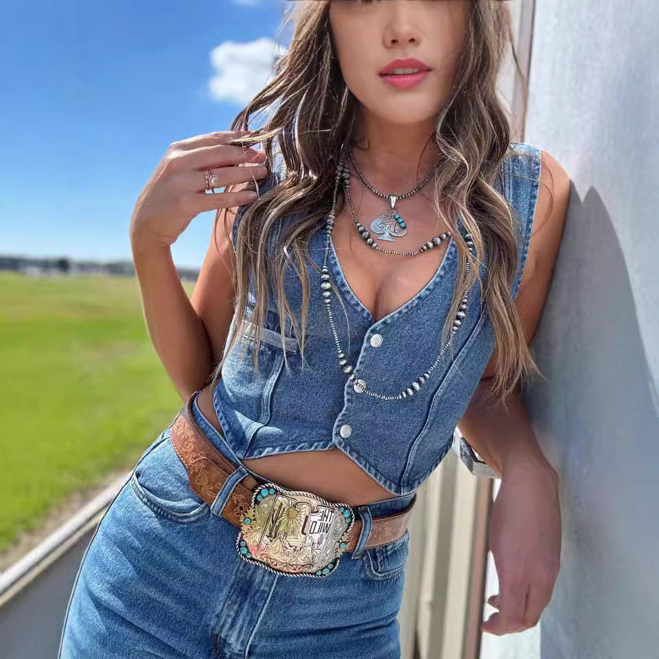 Dame Denim Cropped Top med knapliste og romantiske perledetaljer Stilla