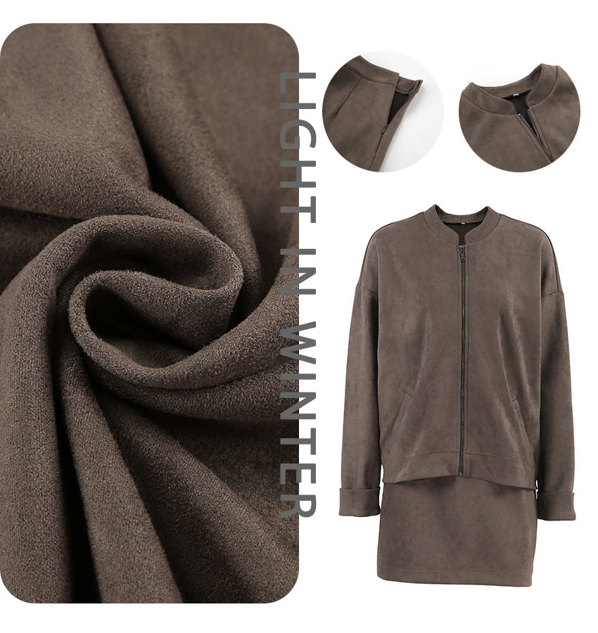 Dame afslappet blazer- og nederdelssæt med elegant lynlås Stilla