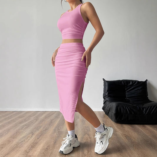 Dame Crop-Top og Nederdel Sæt med Sideslitz og Ribstruktur Stilla