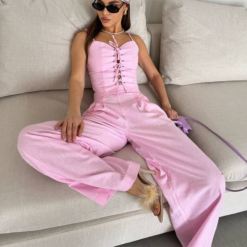 Damer elegant jumpsuit-sæt med smal overdel og bredt bukseben Stilla