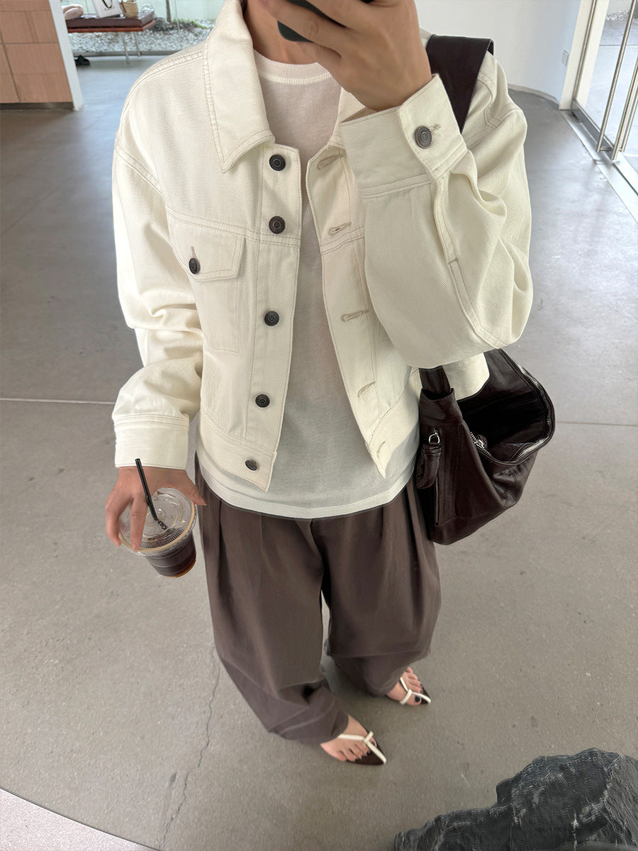 Dame Cropped Denimjakke med høje lommer og moderne knaplukning Stilla