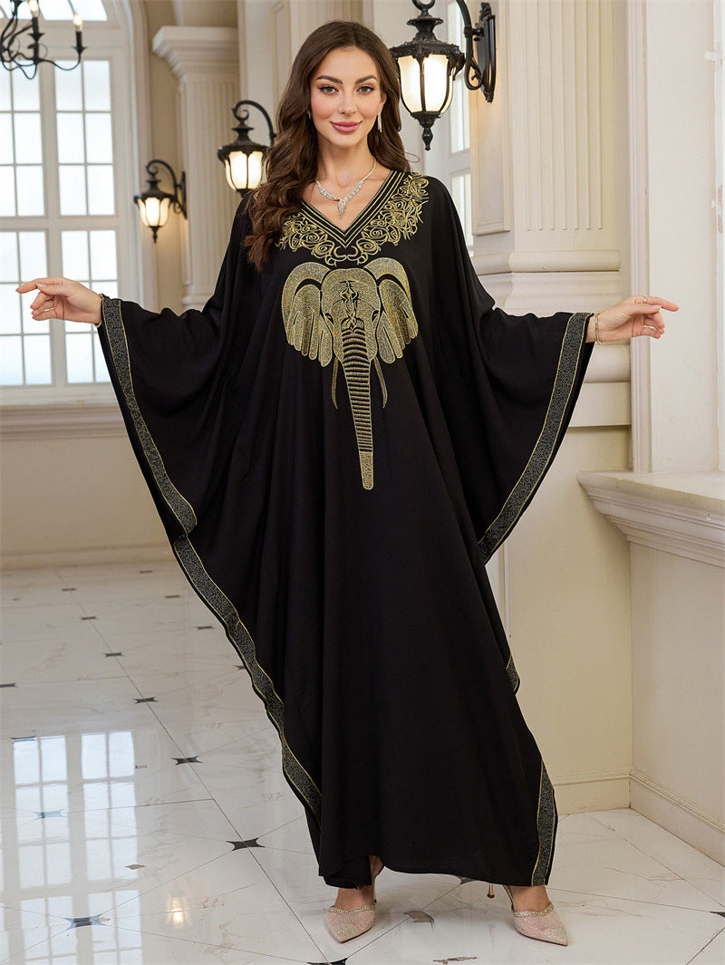 Dame Elegant Kaftan med kunstnerisk elefantbroderi og bredt svingende ærmer Stilla