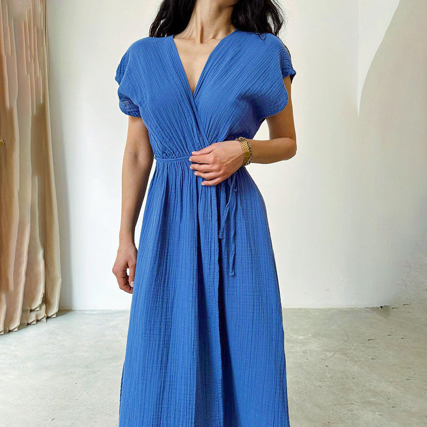 Dame afslappet omslagskjole med elastisk talje og fashionable V-udskæring Stilla