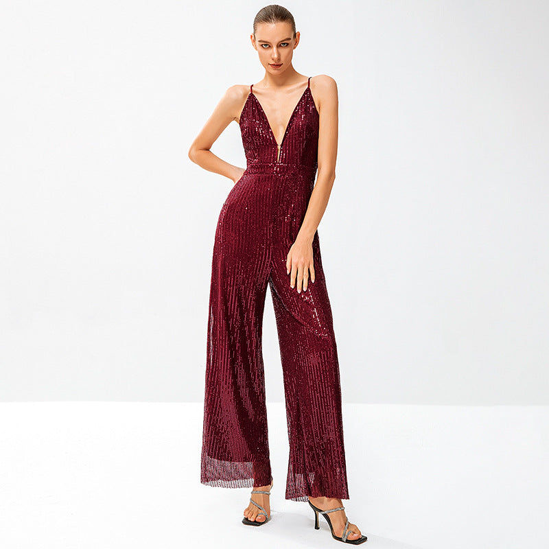 Dame Glamourøs Jumpsuit med funklende Pailletter og dyb V-udskæring Stilla