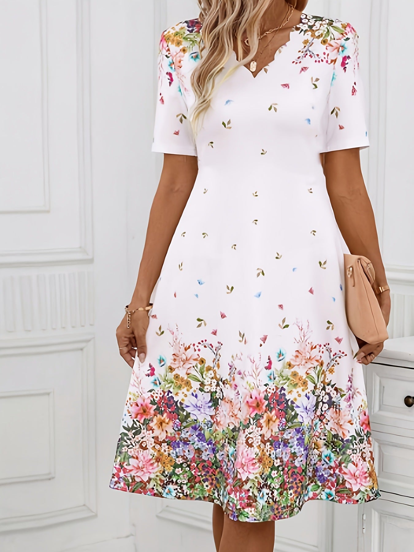 Dame Elegant A-linje kjole med blomstermønster og V-udskæring Stilla