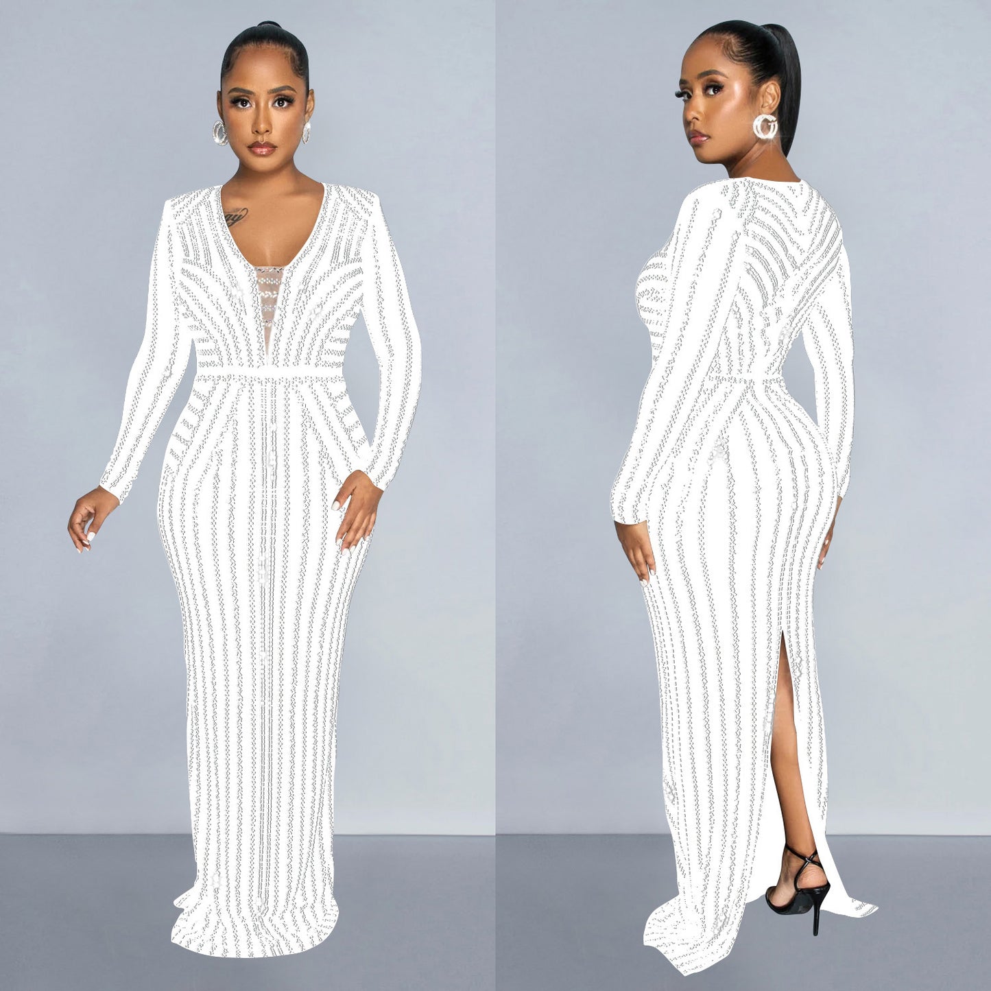 Dame Eksklusiv Aftenkjole med glitrende Pailletter og dyb V-udskæring Stilla