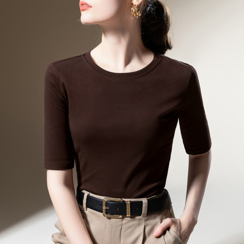 Dame Kortærmet T-Shirt med blød, elastisk bomuldsblanding og klassisk rund halsudskæring Stilla