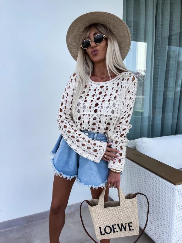 Dame elegant hækleoverdel med vidde ærmer Stilla