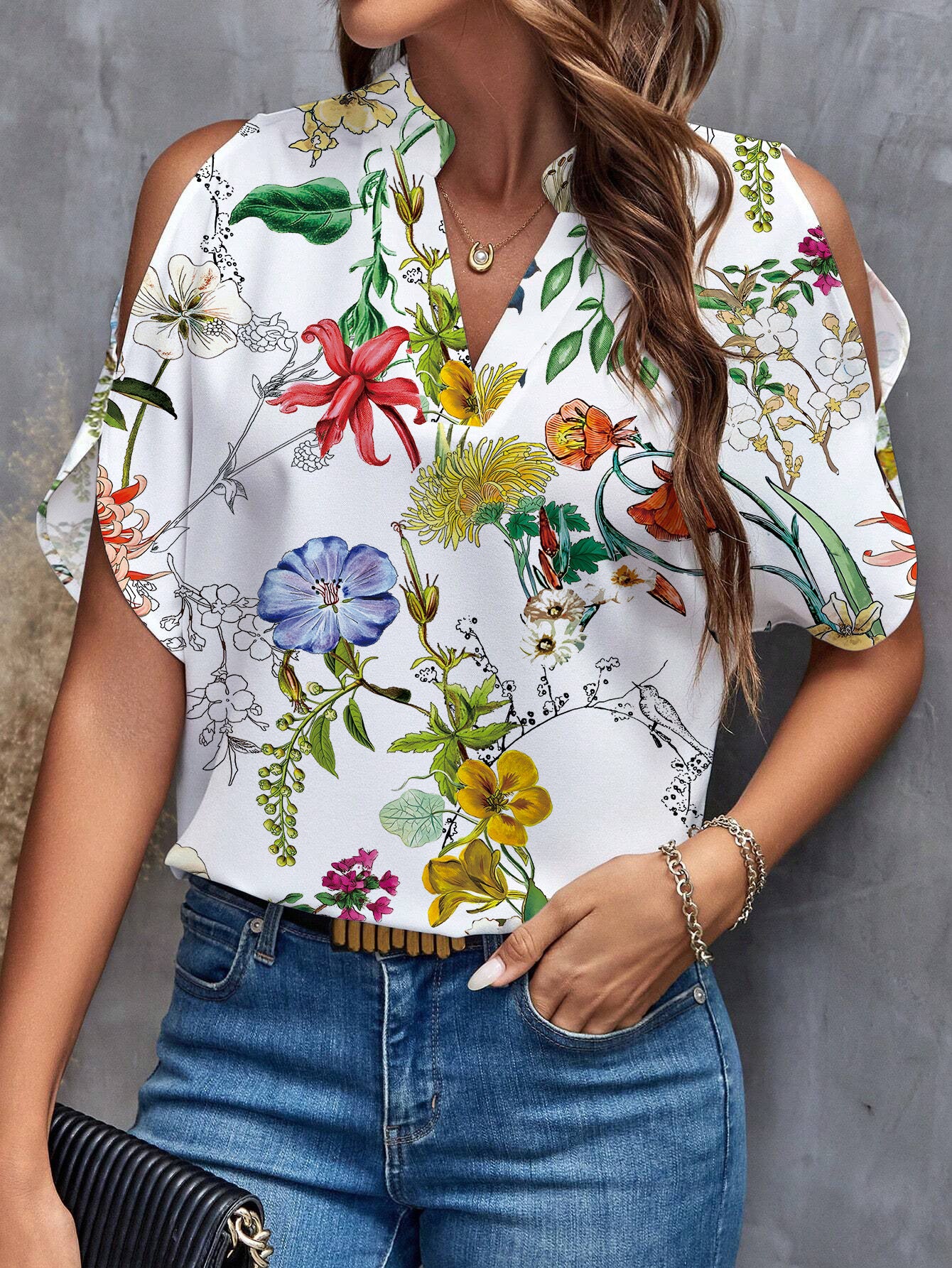 Dame Trendy Bluse med Cut-Out ærmer og blomstermønster Stiila