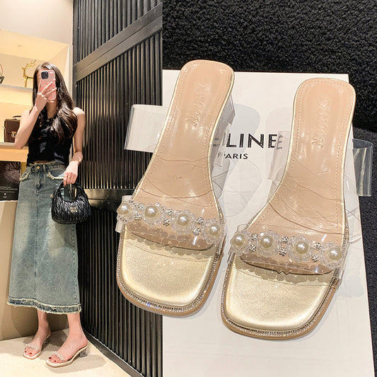 Dame Elegant Åbne Tå Mules med Perle Detaljer Stilla