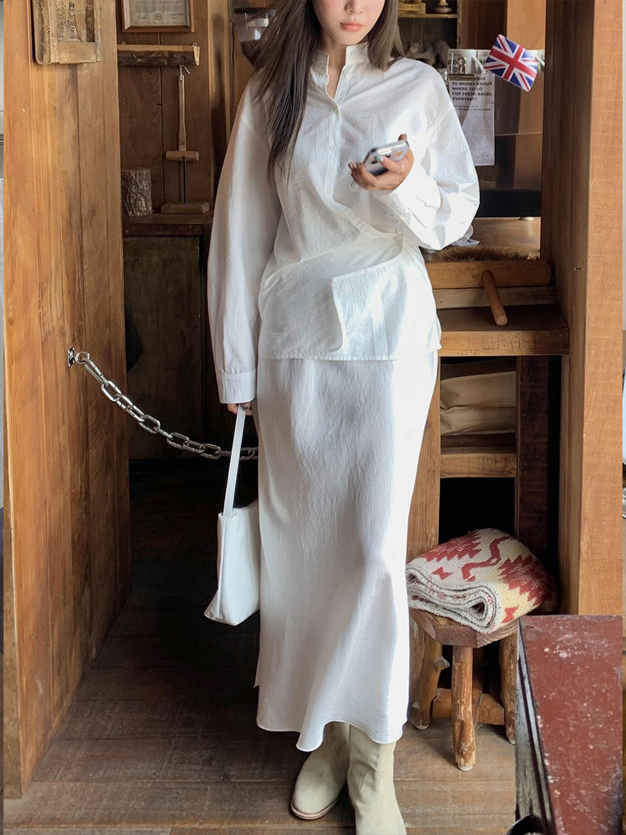 Dame elegant bluse skjorte med asymmetrisk knaplukning og moderne krave Stilla