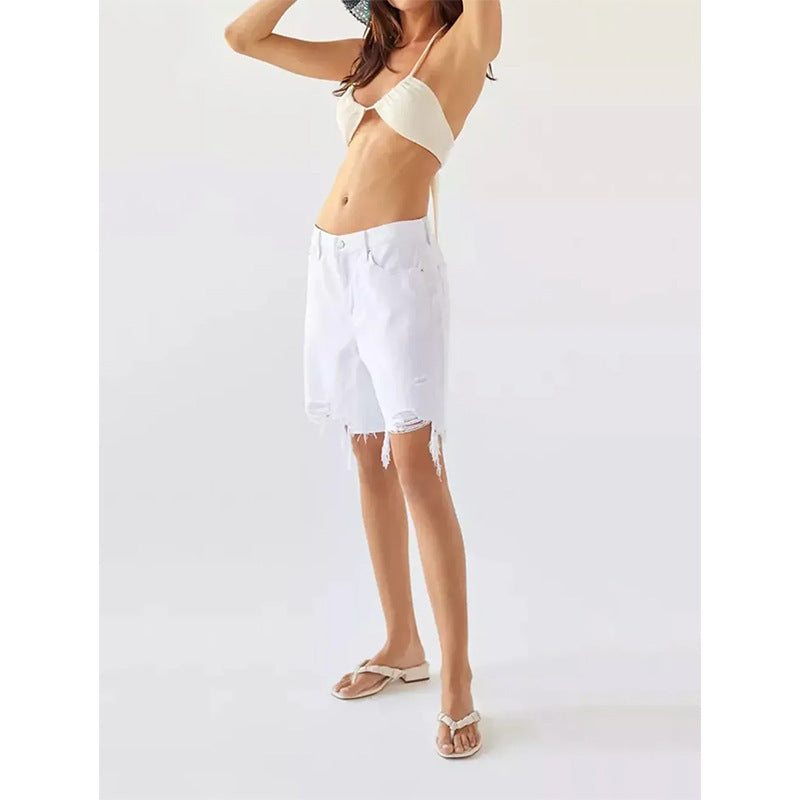 Dame Destroyed Jeans-Shorts med frynset kant og løs pasform Stilla