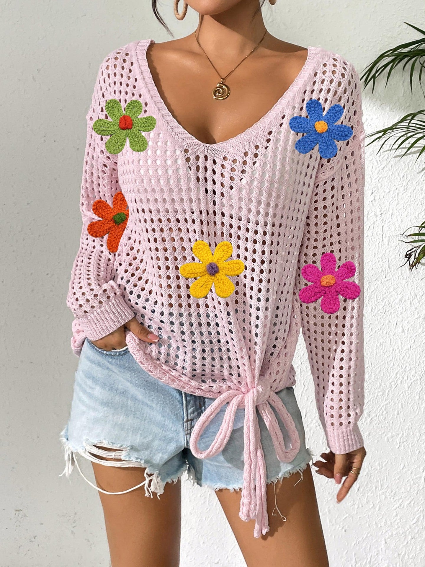 Dame Åben Vævning Floral Strikjakke Stilla