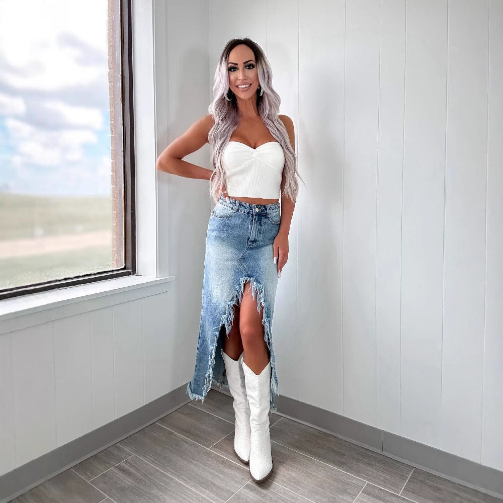 Dame Denim-Midikjole med frynset kant og sideløg Stilla