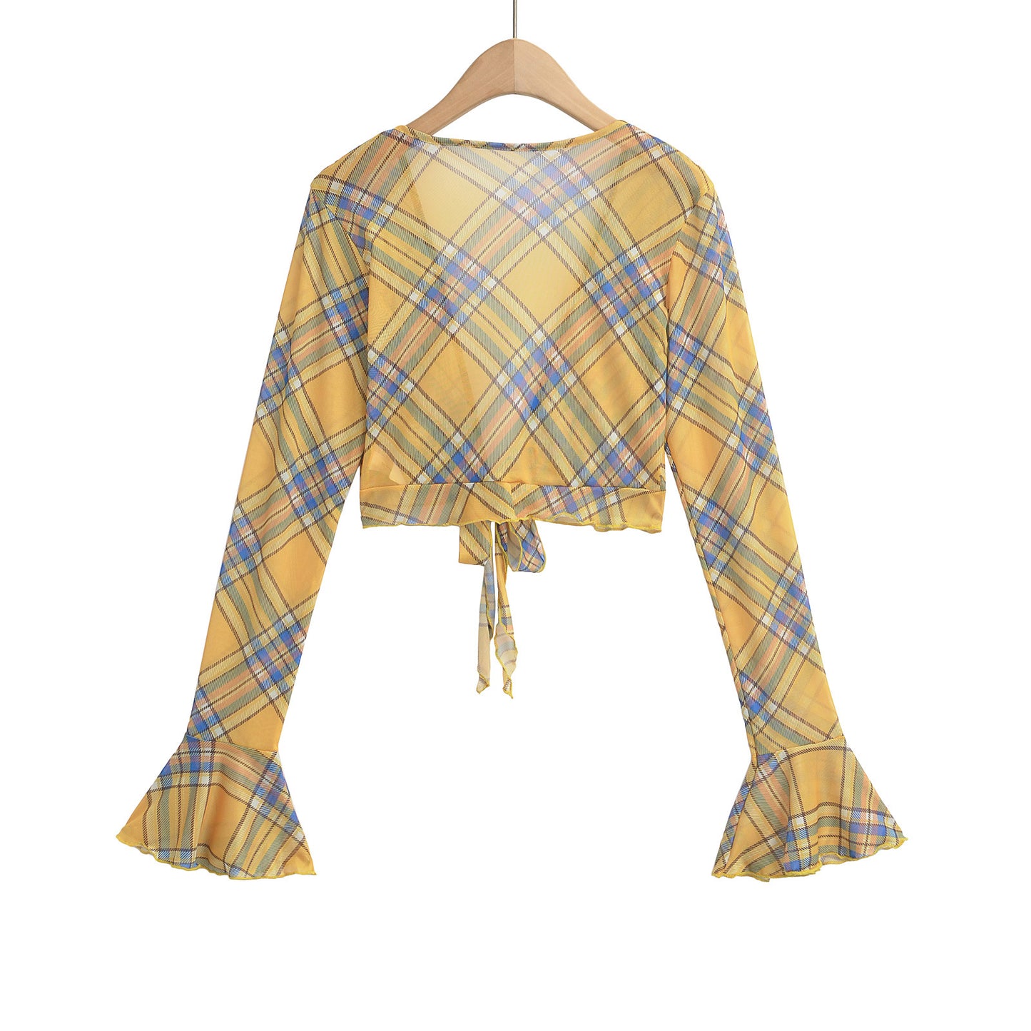 Dame cropped bluse i ternet design med bindedetalje og udvidede ærmer Stilla