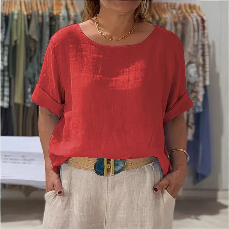 Dame afslappet linenbluse med omslagbare ærmer og elegant rundhalset udskæring Stilla