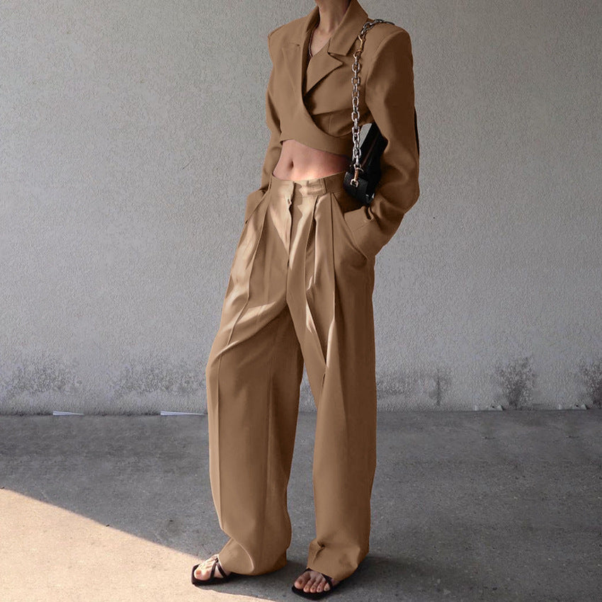 Dame elegant cropped blazer og brede bukser sæt Stilla