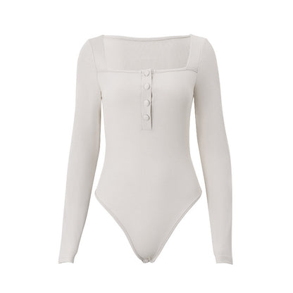 Dame langærmet bodysuit med kvadratisk udskæring og moderne knapdetaljer Stilla