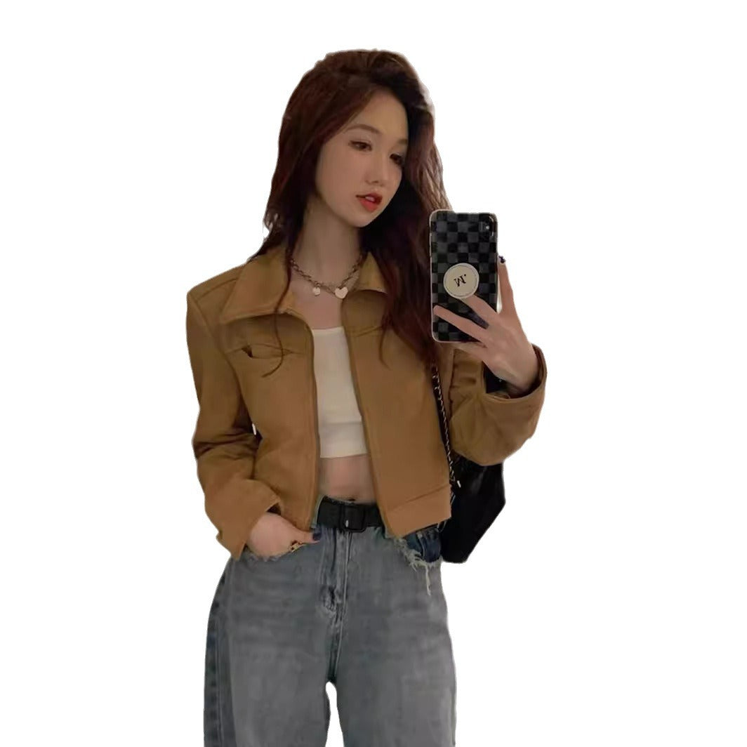 Dame Cropped Kunstlæderjakke med stilfuld flaplomme Stilla