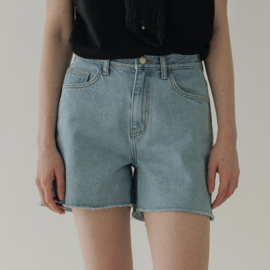 Dame Denim Shorts med høj talje og frynset kant Stilla