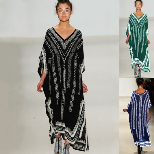 Dame elegant kaftan med kunstnerisk grafikdesign Stilla