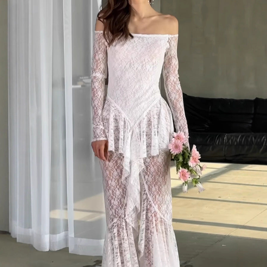 Dame Elegant blonde aftenkjole med off-shoulder udskæring og sideslids Stilla