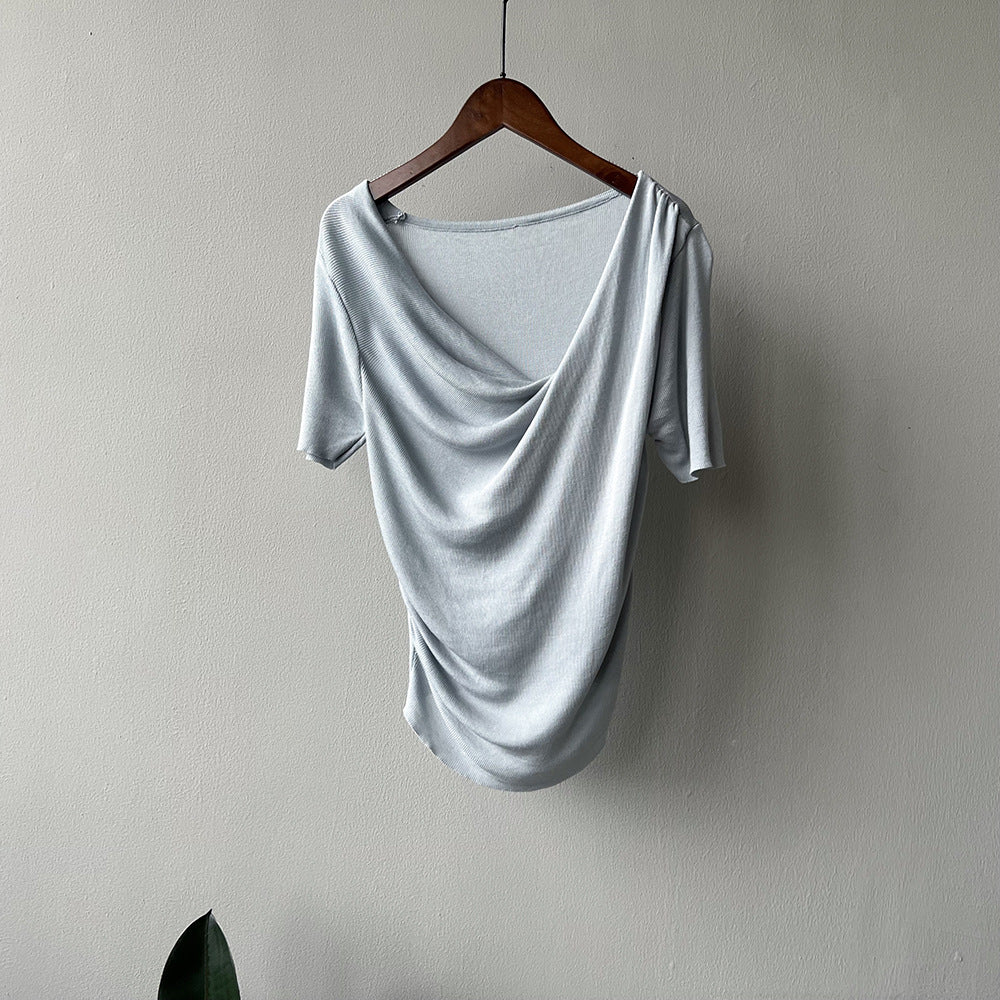 Dame elegant draperet T-shirt med dyb V-udskæring og korte ærmer Stilla