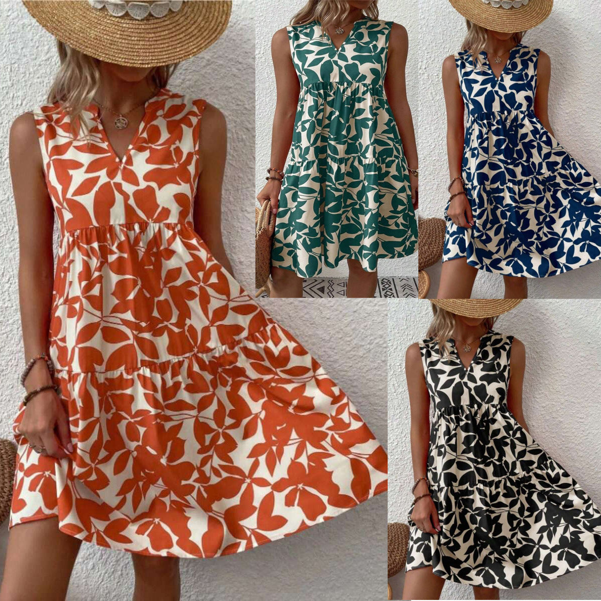 Dame afslappet fritidkjole med V-udskæring og floralt snit Stilla