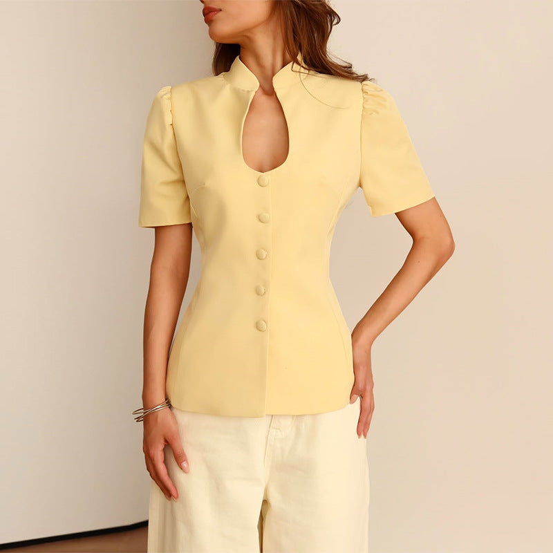 Dame elegant bluse med kort ærme og ståkrave Stilla