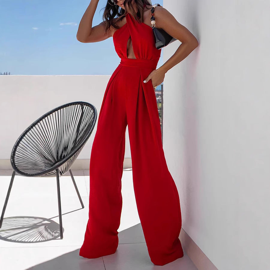 Dame Elegant Jumpsuit med dyb V-hals og bredt ben Stilla