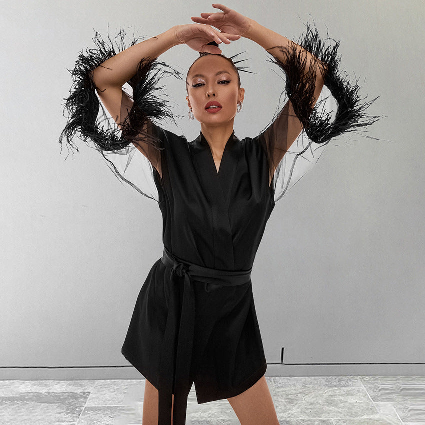 Dame elegant Kimono-stil kortkjole med voluminøse ærmer og taljebælte Stilla