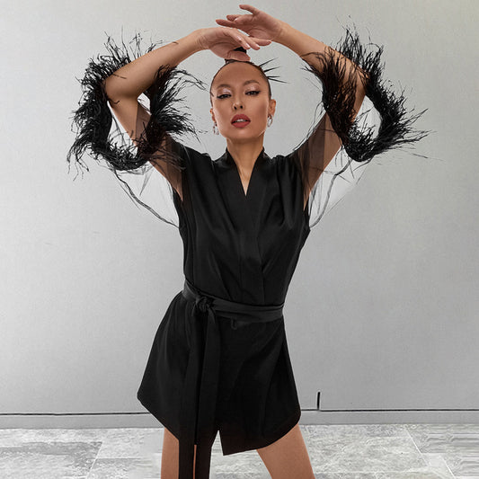 Dame elegant Kimono-stil kortkjole med voluminøse ærmer og taljebælte Stilla